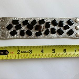 Modern Artisan piece Painted leather wrap 3 snap closer with sewn beading